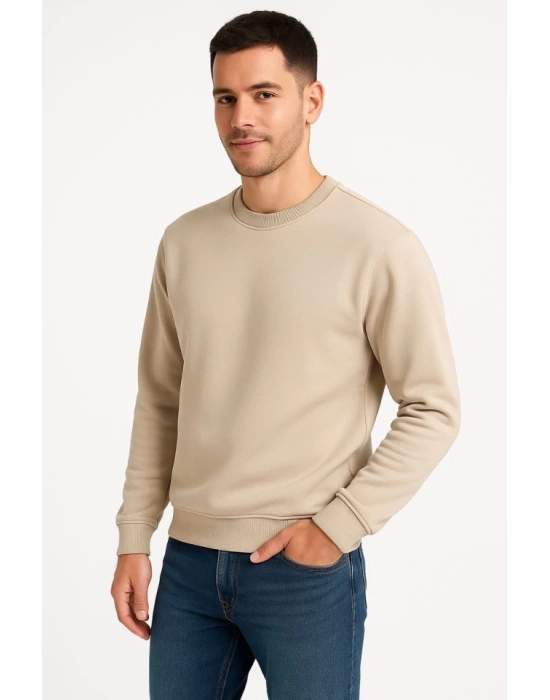 Erkek Üç İplik Düz Bisiklet Yaka SweatShirt - Bej