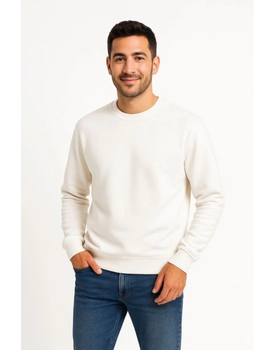 Erkek Üç İplik Düz Bisiklet Yaka SweatShirt - Beyaz