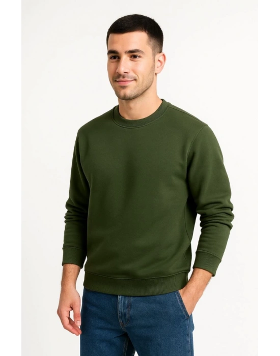 Erkek Üç İplik Düz Bisiklet Yaka SweatShirt - Haki
