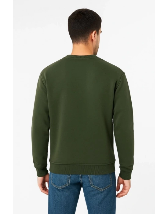 Erkek Üç İplik Düz Bisiklet Yaka SweatShirt - Haki