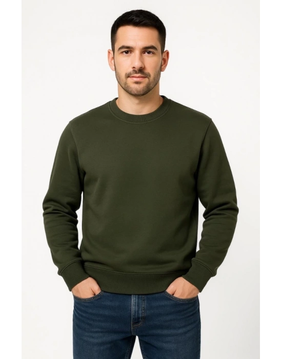 Erkek Üç İplik Düz Bisiklet Yaka SweatShirt - Haki
