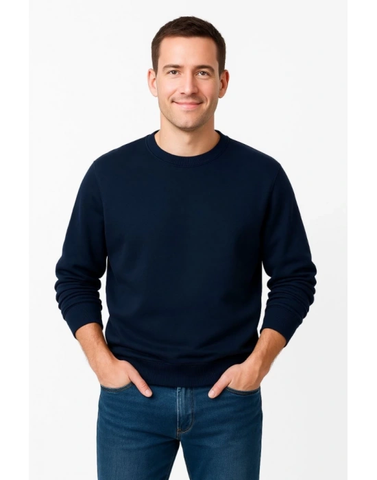 Erkek Üç İplik Düz Bisiklet Yaka SweatShirt - Lacivert
