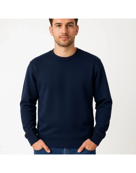 Erkek Üç İplik Düz Bisiklet Yaka SweatShirt - Lacivert