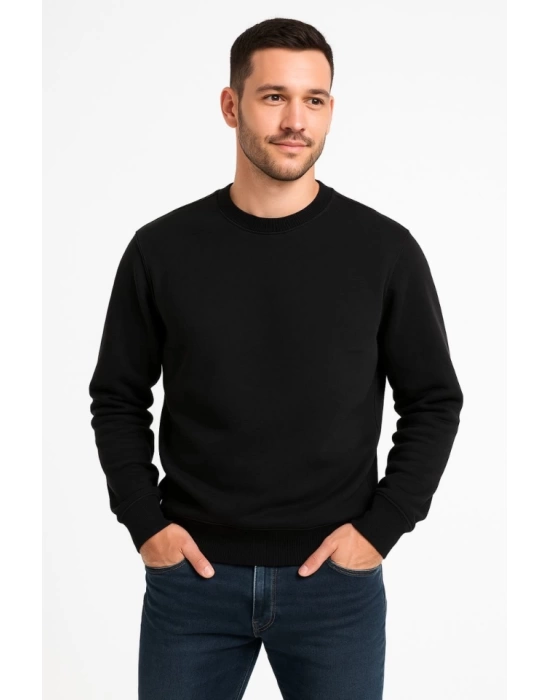Erkek Üç İplik Düz Bisiklet Yaka SweatShirt - Siyah