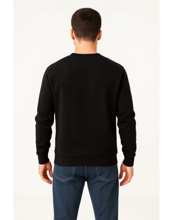 Erkek Üç İplik Düz Bisiklet Yaka SweatShirt - Siyah