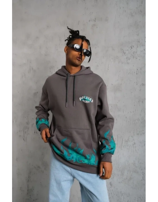 Erkek Üç İplik İçi Pamuklu Alev Baskılı Kapüşonlu Sweatshirt - Gri