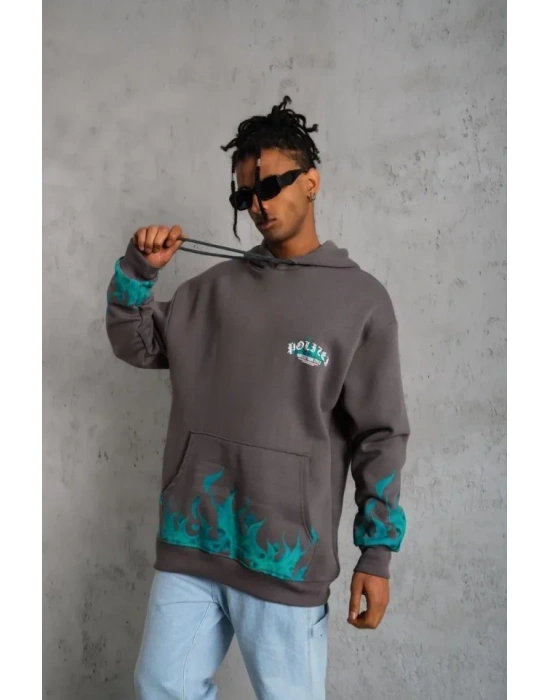 Erkek Üç İplik İçi Pamuklu Alev Baskılı Kapüşonlu Sweatshirt - Gri