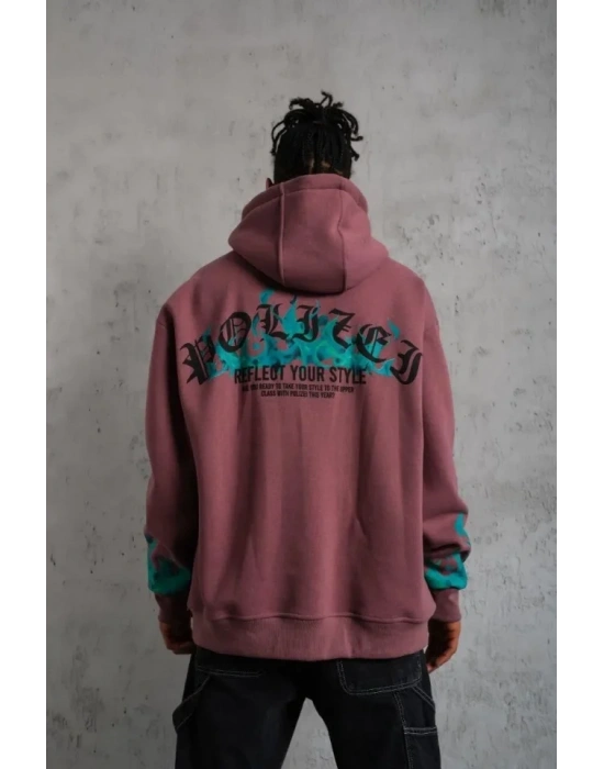 Erkek Üç İplik Içi Pamuklu Alev Baskılı Kapüşonlu Sweatshirt - Gül Kurusu