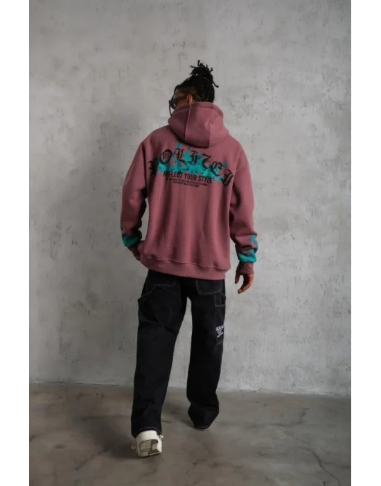 Erkek Üç İplik Içi Pamuklu Alev Baskılı Kapüşonlu Sweatshirt - Gül Kurusu