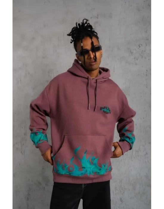 Erkek Üç İplik Içi Pamuklu Alev Baskılı Kapüşonlu Sweatshirt - Gül Kurusu