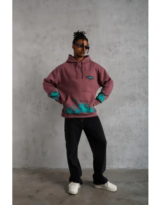 Erkek Üç İplik Içi Pamuklu Alev Baskılı Kapüşonlu Sweatshirt - Gül Kurusu