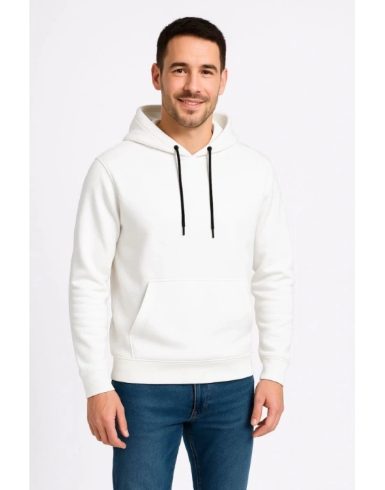 Erkek Üç İplik Kapüşonlu Kanguru Cepli SweatShirt Hoodie - Beyaz
