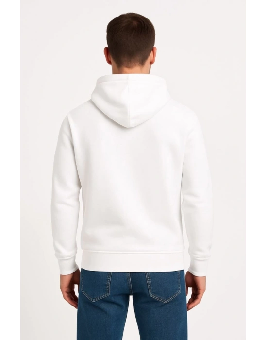 Erkek Üç İplik Kapüşonlu Kanguru Cepli SweatShirt Hoodie - Beyaz