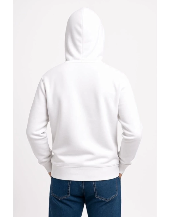 Erkek Üç İplik Kapüşonlu Kanguru Cepli SweatShirt Hoodie - Beyaz