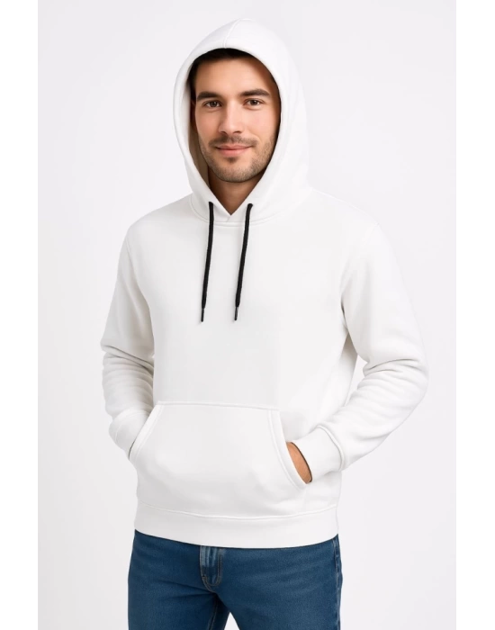 Erkek Üç İplik Kapüşonlu Kanguru Cepli SweatShirt Hoodie - Beyaz