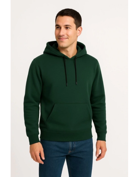 Erkek Üç İplik Kapüşonlu Kanguru Cepli SweatShirt Hoodie - Haki