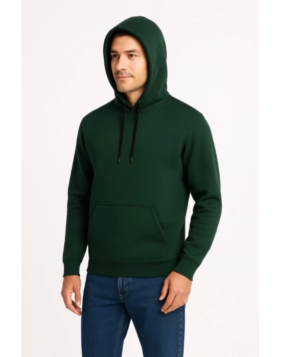 Erkek Üç İplik Kapüşonlu Kanguru Cepli SweatShirt Hoodie - Haki