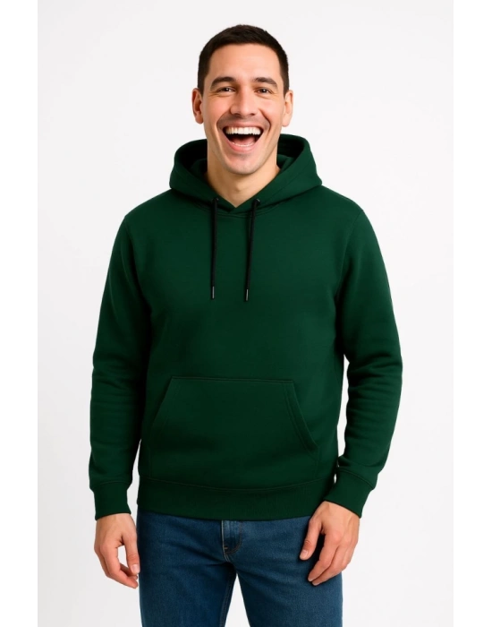 Erkek Üç İplik Kapüşonlu Kanguru Cepli SweatShirt Hoodie - Haki