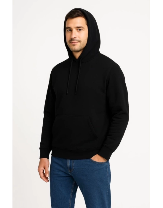 Erkek Üç İplik Kapüşonlu Kanguru Cepli SweatShirt Hoodie - Siyah
