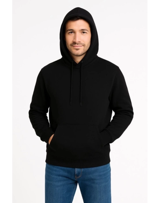 Erkek Üç İplik Kapüşonlu Kanguru Cepli SweatShirt Hoodie - Siyah