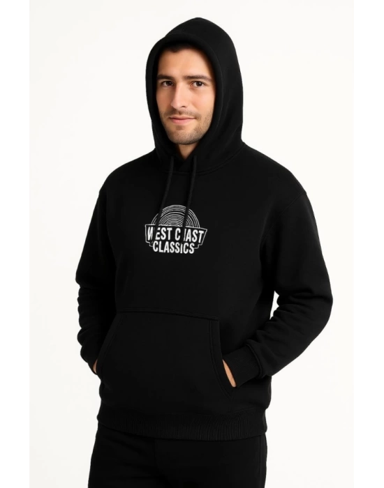 Erkek Üç İplik Kapüşonlu Ön Ve Arka Baskılı SweatShirt Hoodie - Siyah