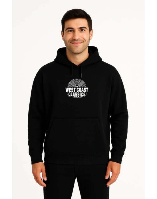 Erkek Üç İplik Kapüşonlu Ön Ve Arka Baskılı SweatShirt Hoodie - Siyah
