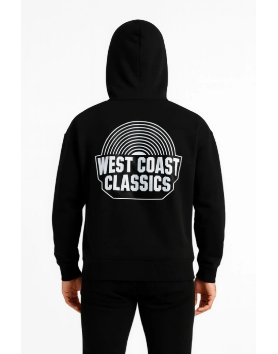 Erkek Üç İplik Kapüşonlu Ön Ve Arka Baskılı SweatShirt Hoodie - Siyah