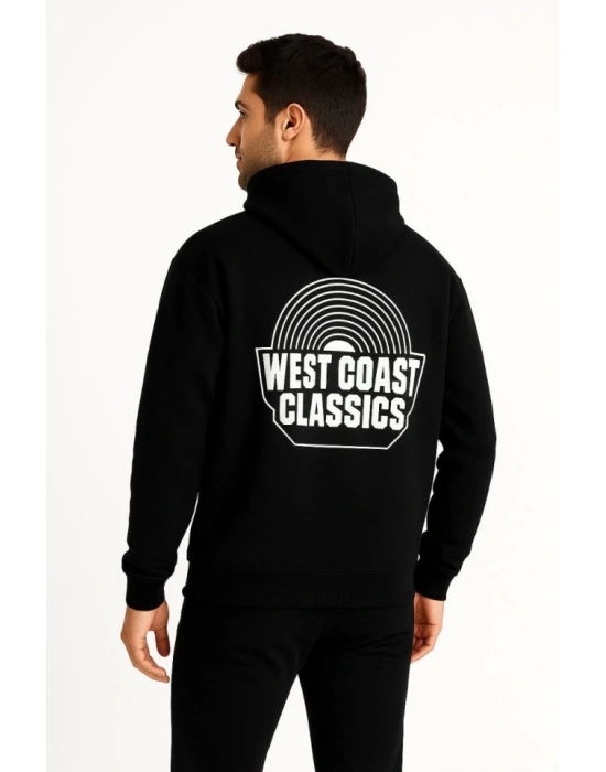 Erkek Üç İplik Kapüşonlu Ön Ve Arka Baskılı SweatShirt Hoodie - Siyah