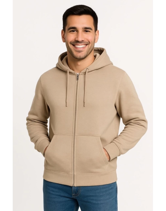 Erkek Üç İplik Kapüşonlu Tam Fermuarlı Kanguru Çepli SweatShirt Hoodie - Bej