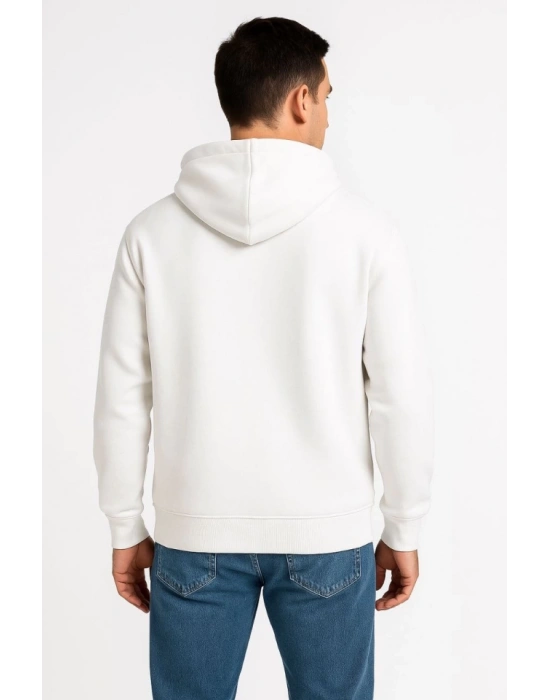 Erkek Üç İplik Kapüşonlu Tam Fermuarlı Kanguru Çepli SweatShirt Hoodie - Beyaz