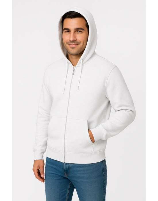 Erkek Üç İplik Kapüşonlu Tam Fermuarlı Kanguru Çepli SweatShirt Hoodie - Beyaz