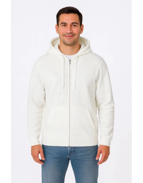Erkek Üç İplik Kapüşonlu Tam Fermuarlı Kanguru Çepli SweatShirt Hoodie - Beyaz