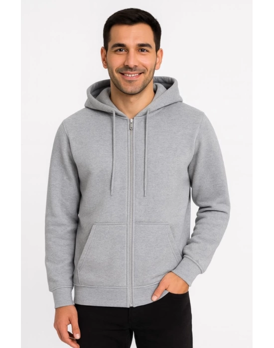 Erkek Üç İplik Kapüşonlu Tam Fermuarlı Kanguru Çepli SweatShirt Hoodie - Gri