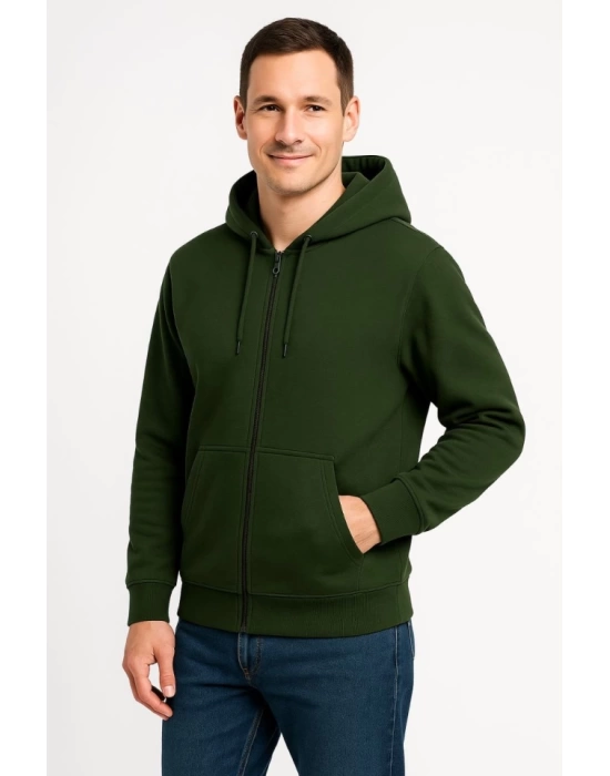 Erkek Üç İplik Kapüşonlu Tam Fermuarlı Kanguru Çepli SweatShirt Hoodie - Haki