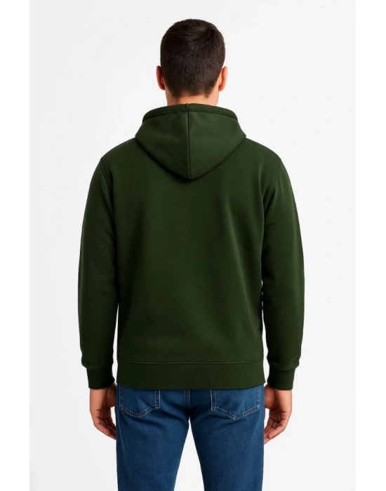 Erkek Üç İplik Kapüşonlu Tam Fermuarlı Kanguru Çepli SweatShirt Hoodie - Haki