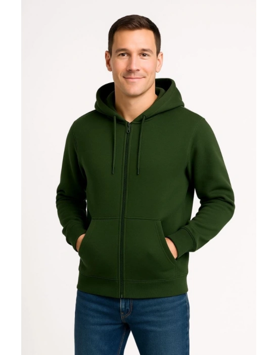 Erkek Üç İplik Kapüşonlu Tam Fermuarlı Kanguru Çepli SweatShirt Hoodie - Haki