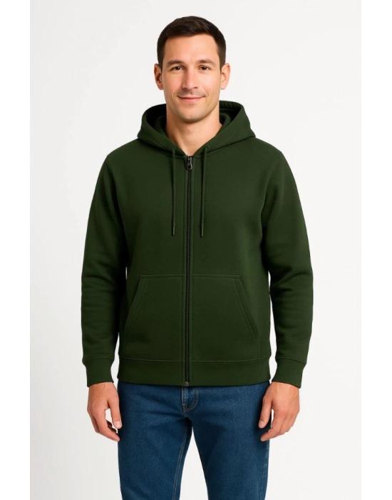 Erkek Üç İplik Kapüşonlu Tam Fermuarlı Kanguru Çepli SweatShirt Hoodie - Haki