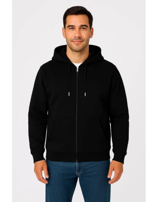 Erkek Üç İplik Kapüşonlu Tam Fermuarlı Kanguru Çepli SweatShirt Hoodie - Siyah