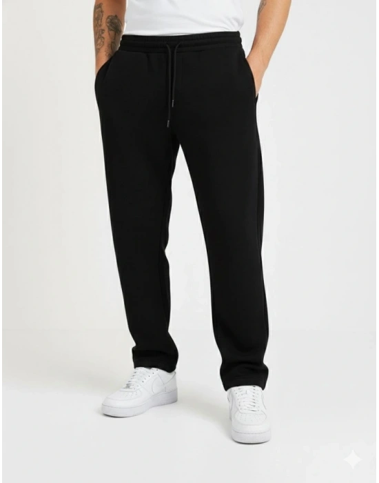 Erkek Üç Iplik Kışlık Pamuklu Ovarsize Bağcıklı Düz Paça Cepli Eşofman Altı Spor Rahat Model - Siyah