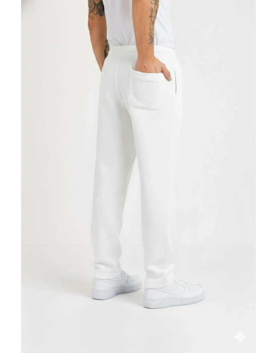 Erkek Üç Iplik Kışlık Pamuklu Ovarsize Bağcıklı Düz Paça Cepli Eşofman Altı Spor Rahat Model - Beyaz
