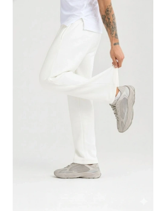 Erkek Üç Iplik Kışlık Pamuklu Ovarsize Bağcıklı Düz Paça Cepli Eşofman Altı Spor Rahat Model - Beyaz
