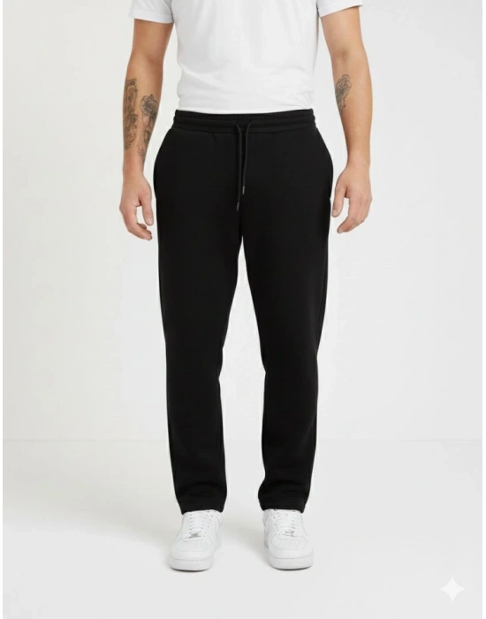 Erkek Üç Iplik Kışlık Pamuklu Ovarsize Bağcıklı Düz Paça Cepli Eşofman Altı Spor Rahat Model - Siyah