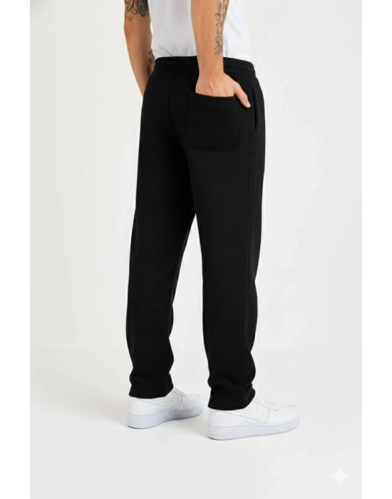 Erkek Üç Iplik Kışlık Pamuklu Ovarsize Bağcıklı Düz Paça Cepli Eşofman Altı Spor Rahat Model - Siyah