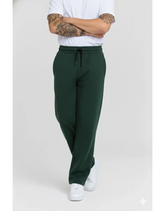 Erkek Üç Iplik Kışlık Pamuklu Ovarsize Bağcıklı Düz Paça Cepli Eşofman Altı Spor Rahat Model - Haki