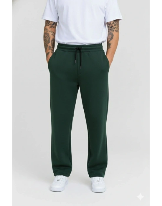 Erkek Üç Iplik Kışlık Pamuklu Ovarsize Bağcıklı Düz Paça Cepli Eşofman Altı Spor Rahat Model - Haki