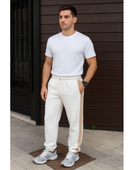 Erkek Üç İplik Kışlık Pamuklu Yandan Garneli Kalın Bej Şeritli Cepli Eşofman Altı - Beyaz