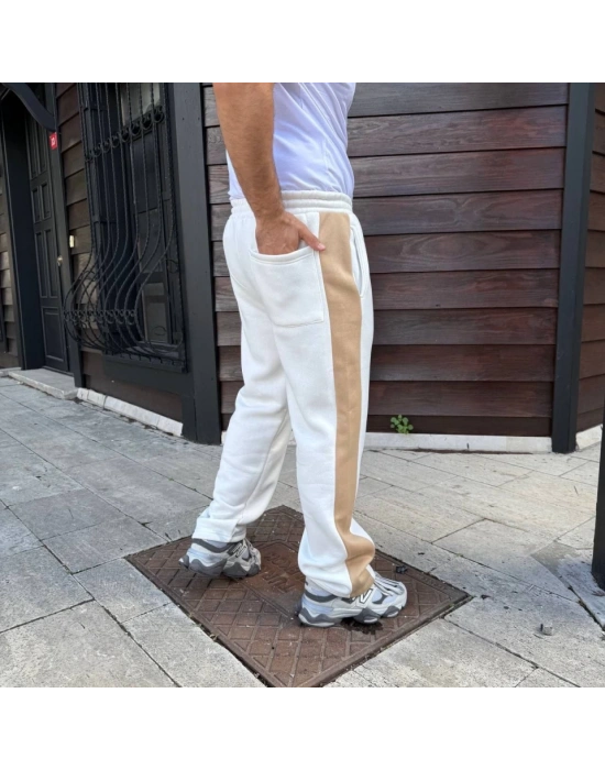 Erkek Üç İplik Kışlık Pamuklu Yandan Garneli Kalın Bej Şeritli Cepli Eşofman Altı - Beyaz