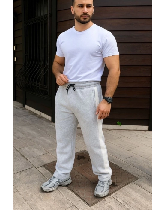 Erkek Üç İplik Kışlık Pamuklu Yandan Garneli Kalın Bej Şeritli Cepli Eşofman Altı - Gri