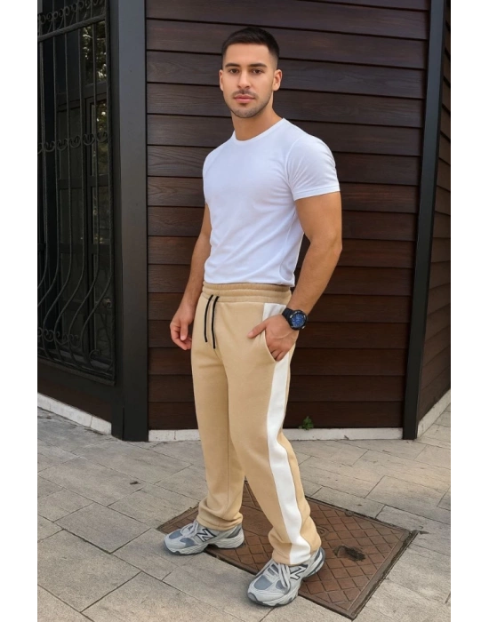 Erkek Üç İplik Kışlık Pamuklu Yandan Garneli Kalın Şeritli Cepli Eşofman Altı - Bej