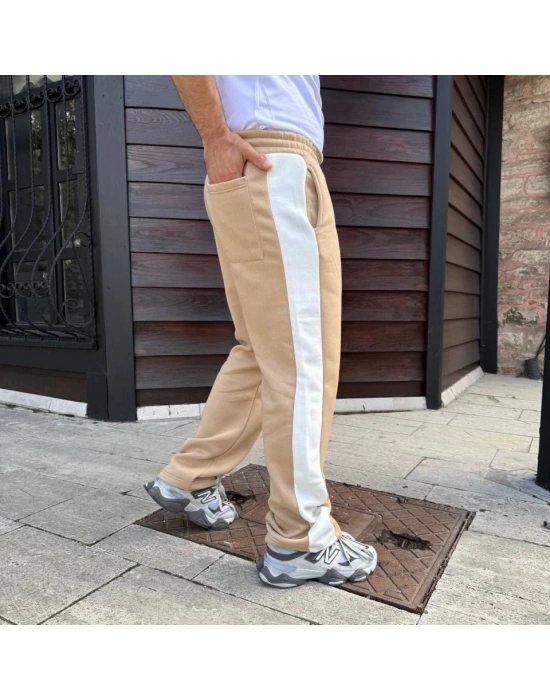 Erkek Üç İplik Kışlık Pamuklu Yandan Garneli Kalın Şeritli Cepli Eşofman Altı - Bej